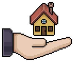 pixel art mano sosteniendo icono de casa icono vectorial para juego de 8 bits sobre fondo blanco vector