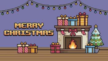 Pixel art christmas background with merry christmas text, fireplace, christmas tree and gifts vector for 8bit game