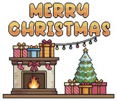 árbol de navidad de pixel art, chimenea, regalos y vector de fondo de texto de navidad dorado para juego de 8 bits