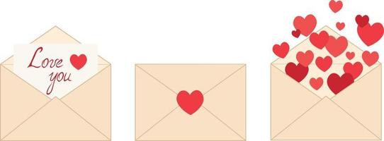 A set of envelopes with red hearts isolated on a white background. February 14. Valentine's day greetings. Happy wedding day. Vector love letters images. Stickers, card, icon, heart in envelope.