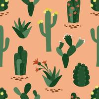 Vector seamless pattern with different cacti. Desert plants on sand background.  Texture with green cactus. Blooming succulent.