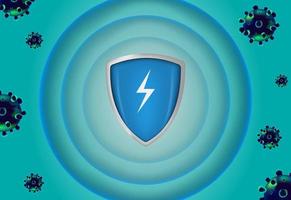 Virus protection with shield concept, Security shield for virus protection. Vector shield on blue background.