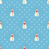 Vector seamless pattern. Cute snowman on a blue background.