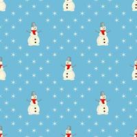 Vector seamless pattern. Cute snowman on a blue background.