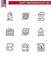 4th July USA Happy Independence Day Icon Symbols Group of 9 Modern Lines of security parade cole irish drum Editable USA Day Vector Design Elements