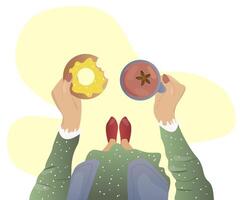 a girl holds a cup and a donut in her hands vector