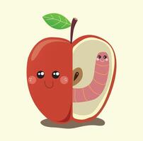 Cute green worm happy in love with sweet red apple vector