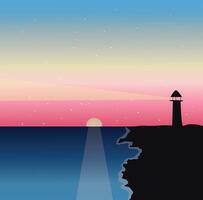 sunset and lighthouse on the shore vector