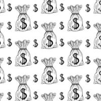 a pattern from a bag with a dollar sign. a seamless pattern of doodle-style drawings, a small knotted bag of money, an isolated black counter on white. symbol of wealth vector