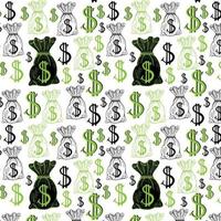 Pattern with money hand sketched coins and money bags with dollar signs on them. Tiling financial backdrop. vector