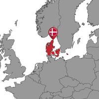 Pin map with Denmark flag on world map. Vector illustration.