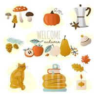 collection or set of autumn warm and cozy stickers vector