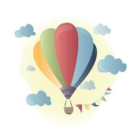flying balloon with basket in the sky with clouds vector