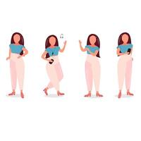 chica con cabello oscuro en pantalones rosas y blusa azul en diferentes poses vector