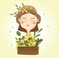 girl with a box of plants. Isolated on white background vector