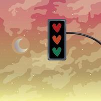 semáforo con corazones en forma de luces contra el fondo de la puesta de sol vector