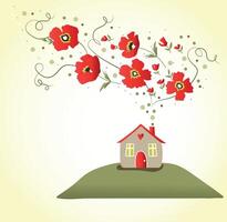 una pequeña casa en una colina verde de cuya chimenea crecen flores rojas vector