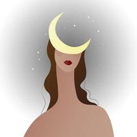 hermosa chica de cabello oscuro con la luna en la cabeza vector