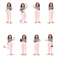girl with dark hair in pink pants and blue blouse in different poses vector