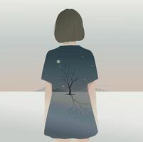 a girl with a short haircut in a dress with trees and mountains depicted vector