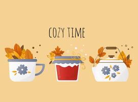 a teapot and a jar of jam. cozy autumn set illustration vector