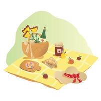 cesta de picnic y set de productos vector
