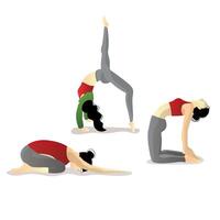 a girl in a red T-shirt and gray leggings in a yoga pose vector