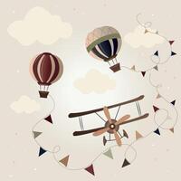 airplane and balloons with a basket among the clouds vector