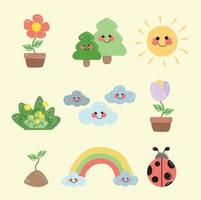 a set of summer stickers in the form of plants, sun and clouds vector