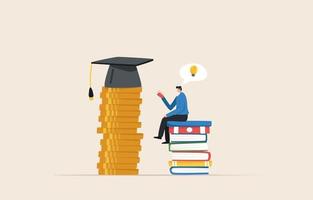 investment in education. Student loan concept. Stack of coins with graduation cap. A man sits and reads a book on a stack of books. vector