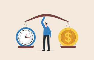 peso entre el trabajo y el tiempo de vida. evaluando la inversión de tiempo versus las ganancias. hombre de negocios que equilibra el reloj y el dólar en escalas. vector