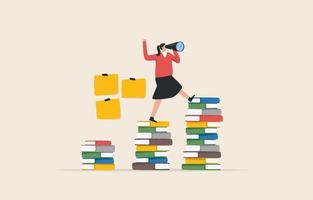 Academic Achievement. Achieving educational or Reinforcing educational goals. Setting goals in learning. young woman or student on books stack for success. vector