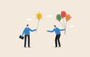 Pass on feeling Positive emotion. Encourage for colleagues.  Passing positive energy to employees. Businessman holding balloons with emotional emoticons. vector