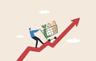 Food Inflation. Food costs are higher and grocery prices are higher. Consumer Price Index. Man pushing shopping cart of groceries up line chart arrow. vector