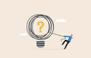 Question and answer, solving problem or business solution.Businessman pulling the rope trying to untie the tangled ropes tied with question marks. vector