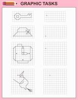 Graphic tasks. Educational game for preschool children. Worksheets for practicing logic and motor skills. Game for children. Graphic tasks with different objects and elements. Vector illustration