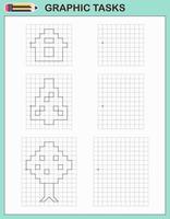 tareas gráficas. juego educativo para niños en edad preescolar. Hojas de trabajo para practicar la lógica y la motricidad. juego para niños. Tareas gráficas con diferentes objetos y elementos. ilustración vectorial vector