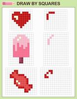 Copy the picture, draw by squares. Game for children draw heart, ice cream and candy by cells. Pixel art. Drawing and logic skills training. vector