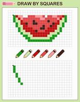 Copy the picture, draw by squares. Game for children draw watermelon by cells with color palette. Pixel art. Drawing and logic skills training. vector