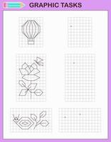 Graphic tasks. Educational game for preschool children. Worksheets for practicing logic and motor skills. Game for children. Graphic tasks with different objects and elements. Vector illustration