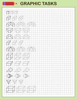 Graphic tasks. Educational game for preschool children. Worksheets for practicing logic and motor skills. Game for children. Graphic tasks with different objects and elements. Vector illustration