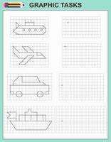 Graphic tasks. Educational game for preschool children. Worksheets for practicing logic and motor skills. Game for children. Graphic tasks with different objects and elements. Vector illustration