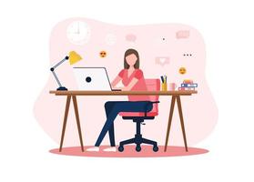 A young woman secretary working at the computer in office. workflow process. administrative administration. business administration. Illustrated by vector