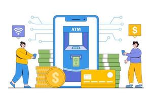 Flat mobile atm withdrawal with people characters concept. Outline design style minimal vector illustration for landing page, web banner, infographics, hero images.