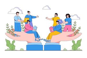 Flat employees sitting, standing, working on huge hands concept. Outline design style minimal vector illustration for landing page, web banner, infographics, hero images.