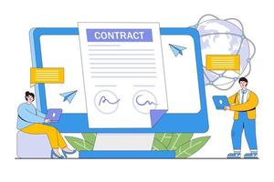 Flat business people signing online contract with electronic sign concept. Outline design style minimal vector illustration for landing page, web banner, infographics, hero images.
