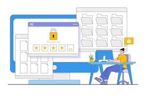 Flat secure login concept with people characters. Outline design style minimal vector illustration for landing page, web banner, infographics, hero images.
