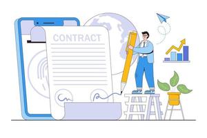 Flat electronic contract with people characters concept. Outline design style minimal vector illustration for landing page, web banner, infographics, hero images.