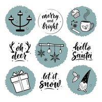 conjunto de adornos navideños y letrero de saludo con letras simples. para impresión de tarjeta, camiseta o taza, afiche, pancarta, pegatina, decoración. superposición de fotos vector de vacaciones de invierno. elementos acogedores de estilo de vida hygge