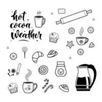 Big set of hot drinks and desserts elements. Hot cocoa weather. Coffee, tea and dessert related line icons. For greeting cards, posters, stickers, seasonal design. Isolated on white vector